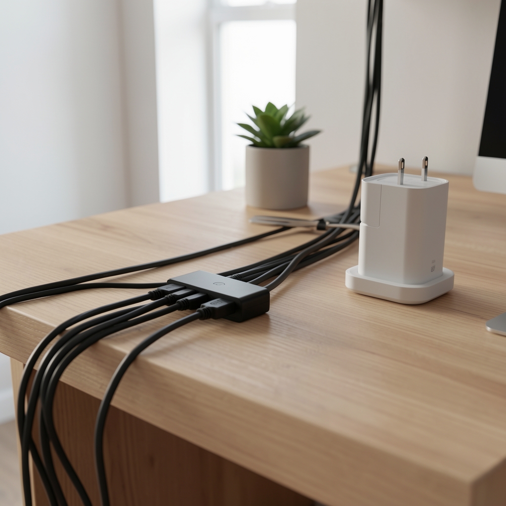 Uredan kućni kancelarijski prostor sa organizovanim kablovima, USB hubom i bežičnim punjačem na modernom stolu