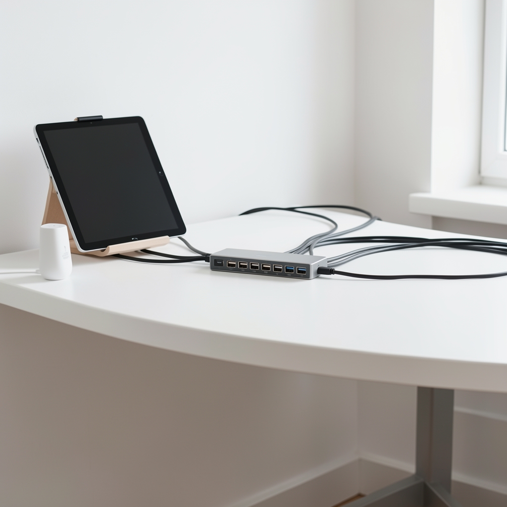 Savršeno uredan kućni radni sto u bijeloj prostoriji — organizatori kablova sakrivaju sve žice, USB hub sa sedam portova u centru, bežični punjač na levoj strani, tablet na stalku