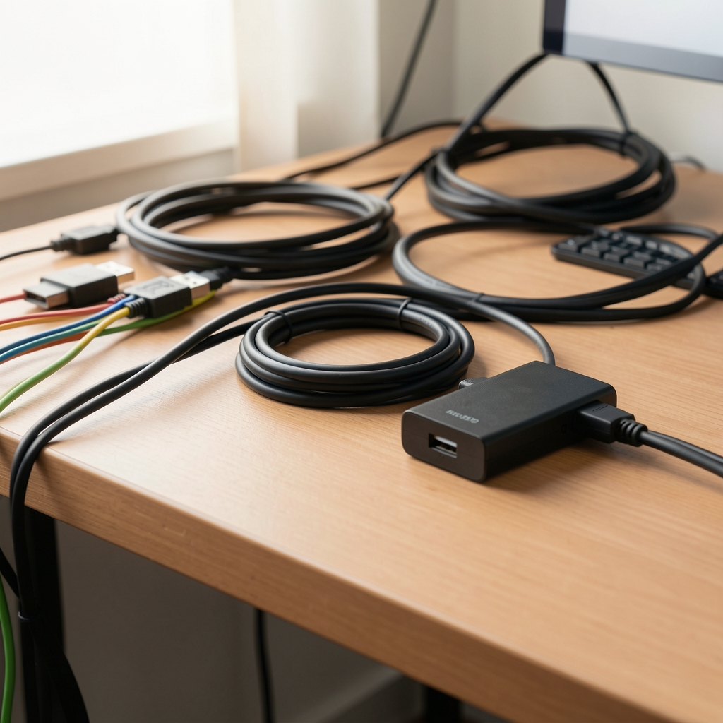 Thumbnail - uredan radni sto sa organizatorima kablova i USB hubom