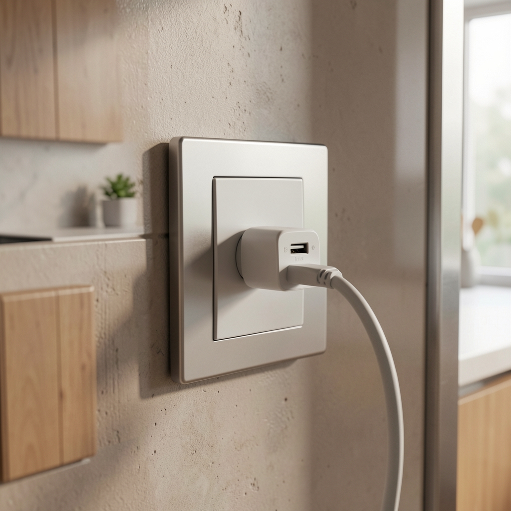 Xiaomi Smart Plug 2 bijela utičnica sa USB portom prikazana uključena u zidnu utičnicu u modernoj kuhinji