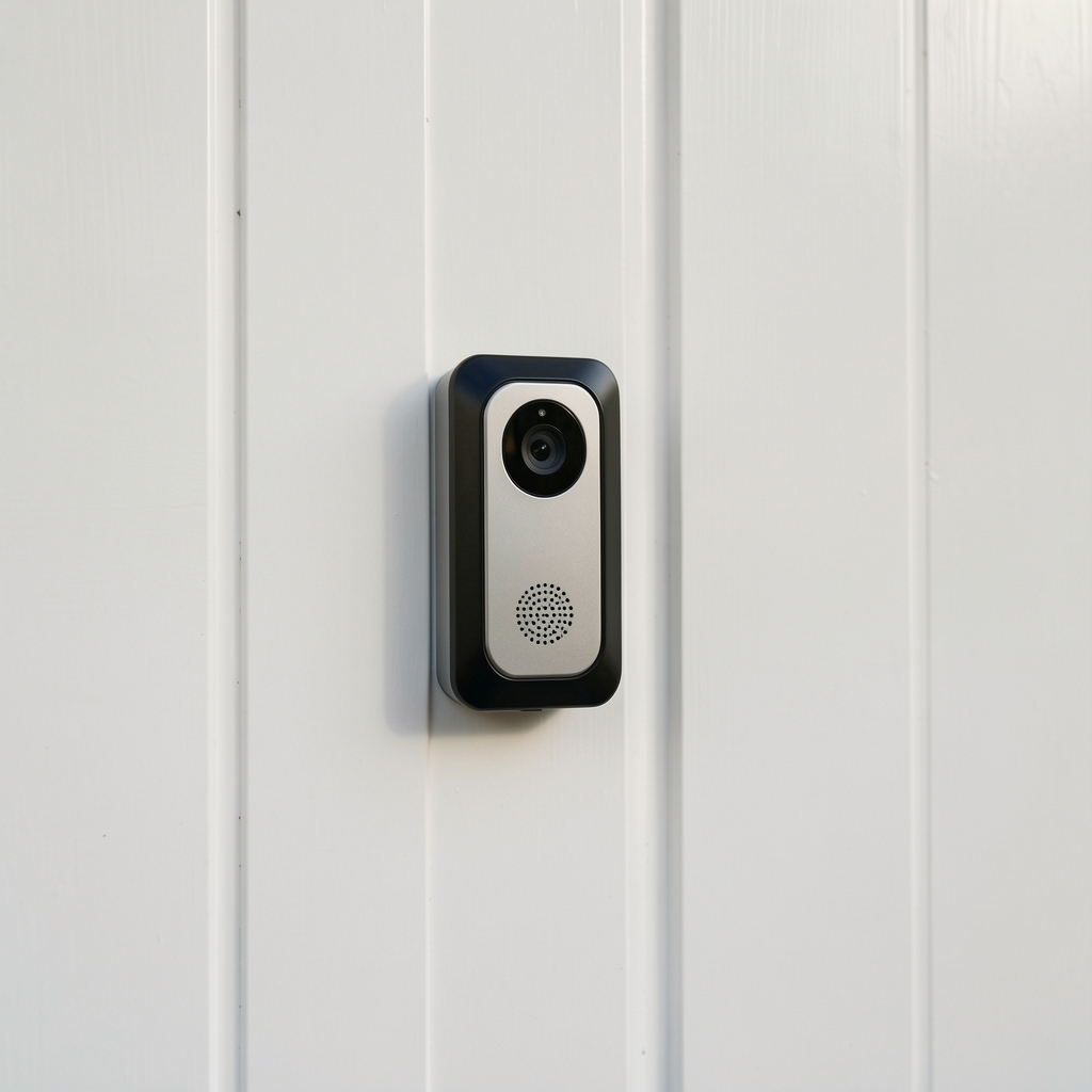Ring Video Doorbell 4 crno pametno video zvono montirano na beli zid pored ulaznih vrata sa modernom fasadom